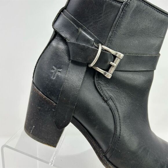 Frye Malorie Knotted Black Leather Booties Casual Block Heel Size 8 Buckle Fall - Picture 3 of 17